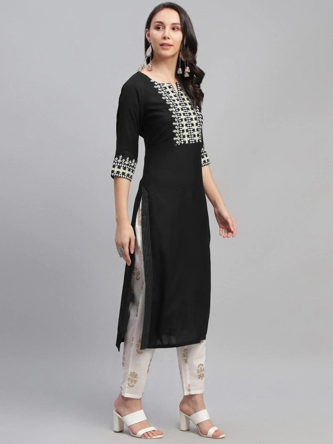 Black Embroidered Rayon Kurta