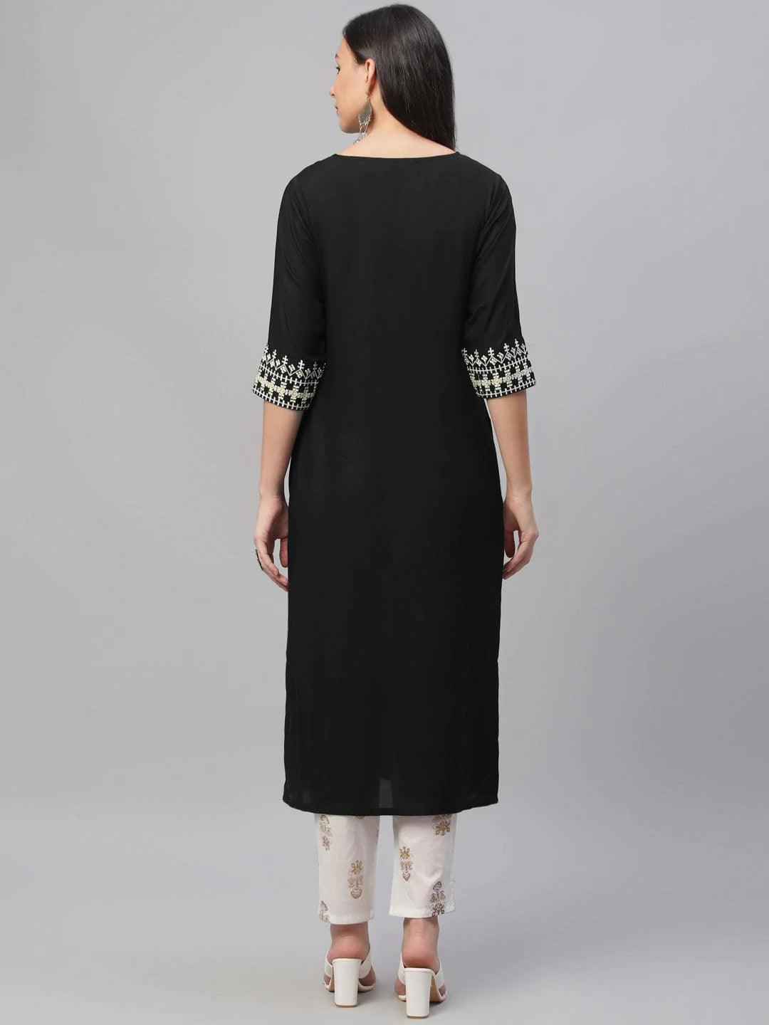 Black Embroidered Rayon Kurta