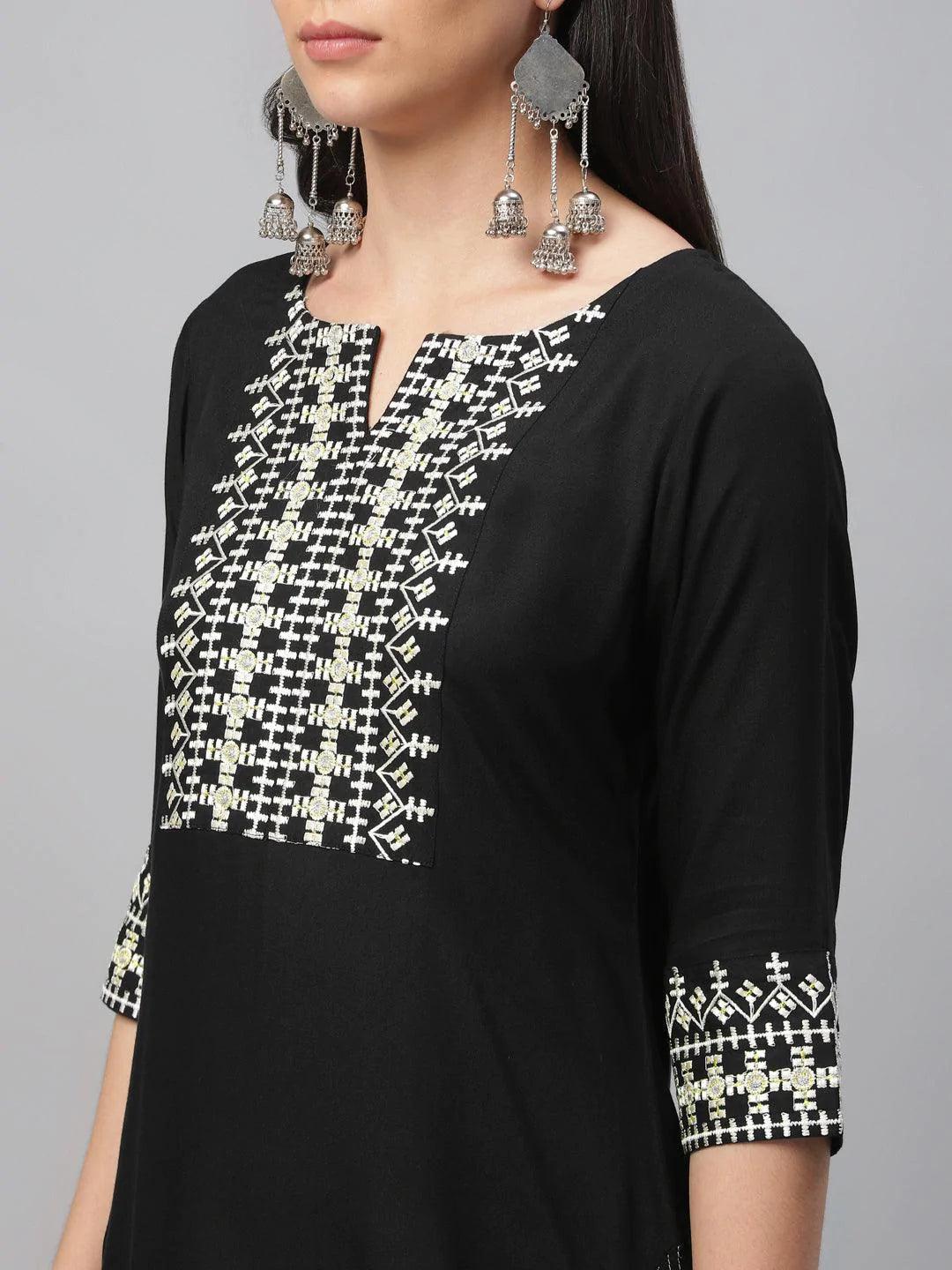 Black Embroidered Rayon Kurta