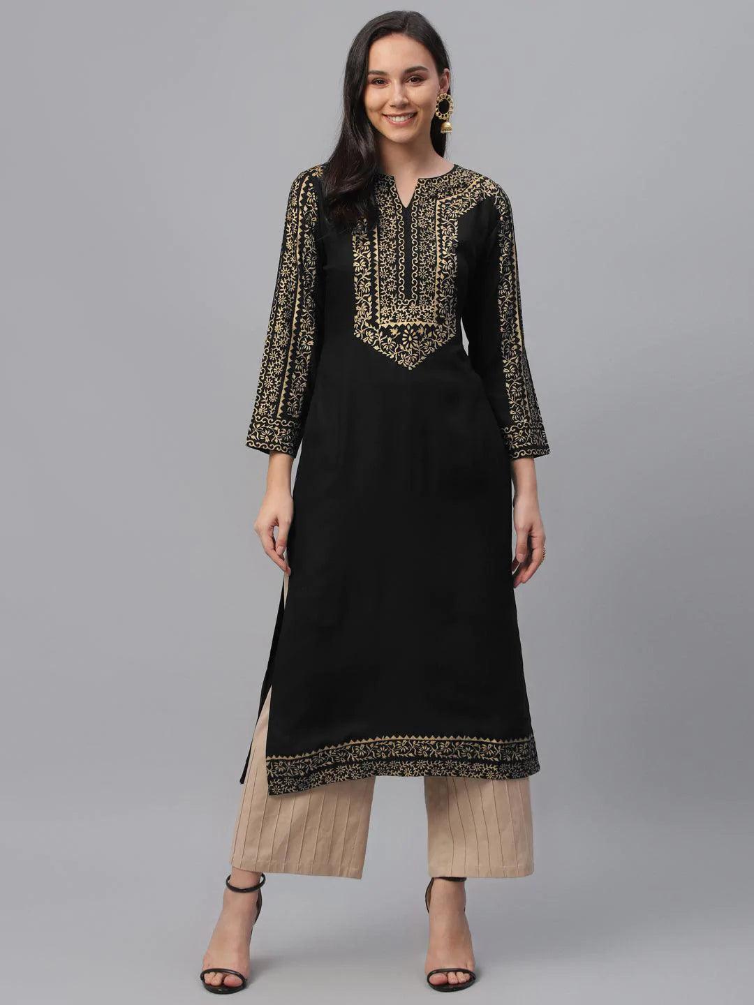 Black Printed Rayon Kurta