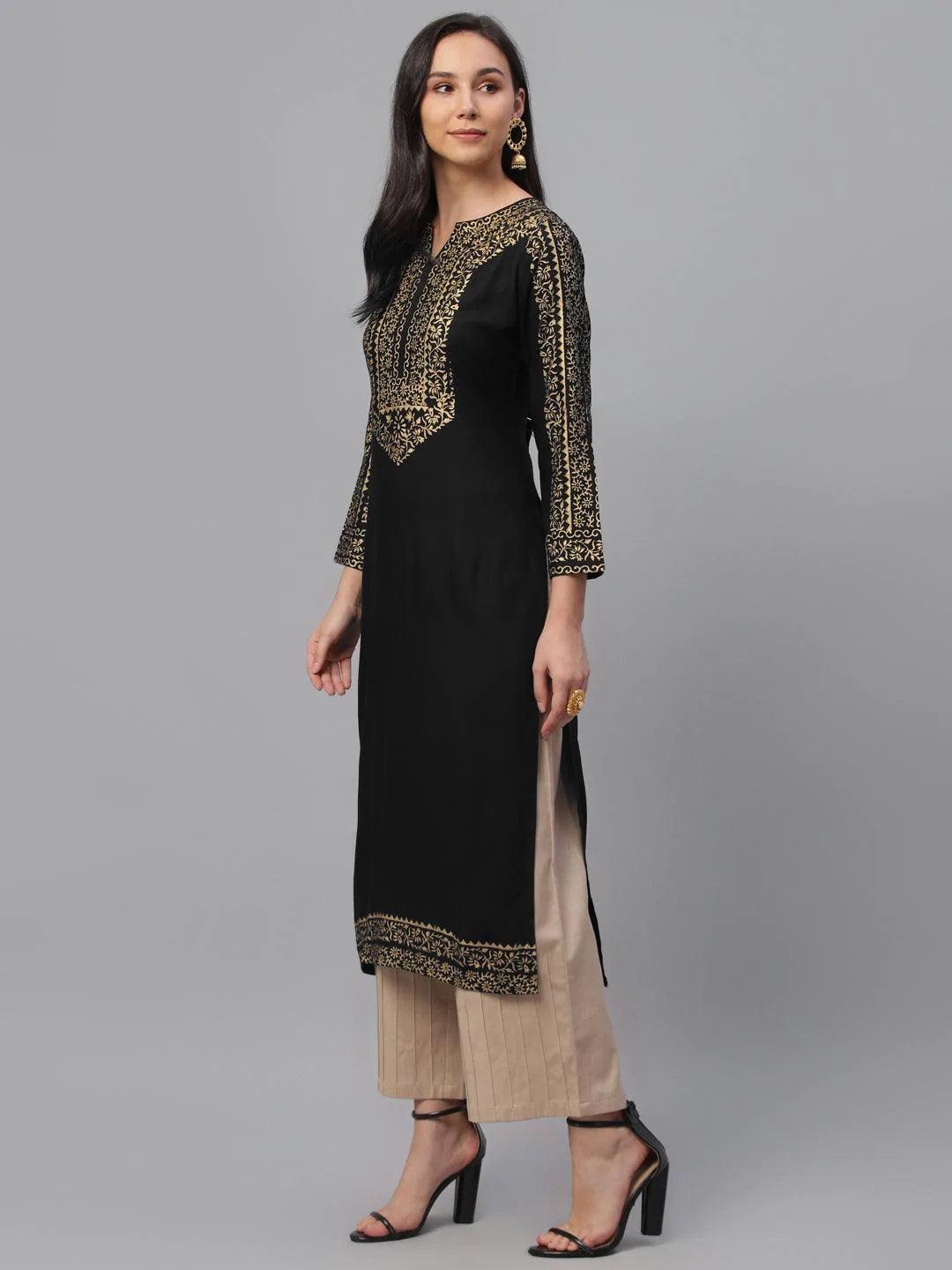 Black Printed Rayon Kurta