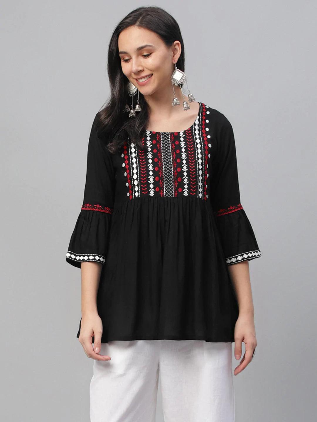 Black Embroidered Rayon Kurti