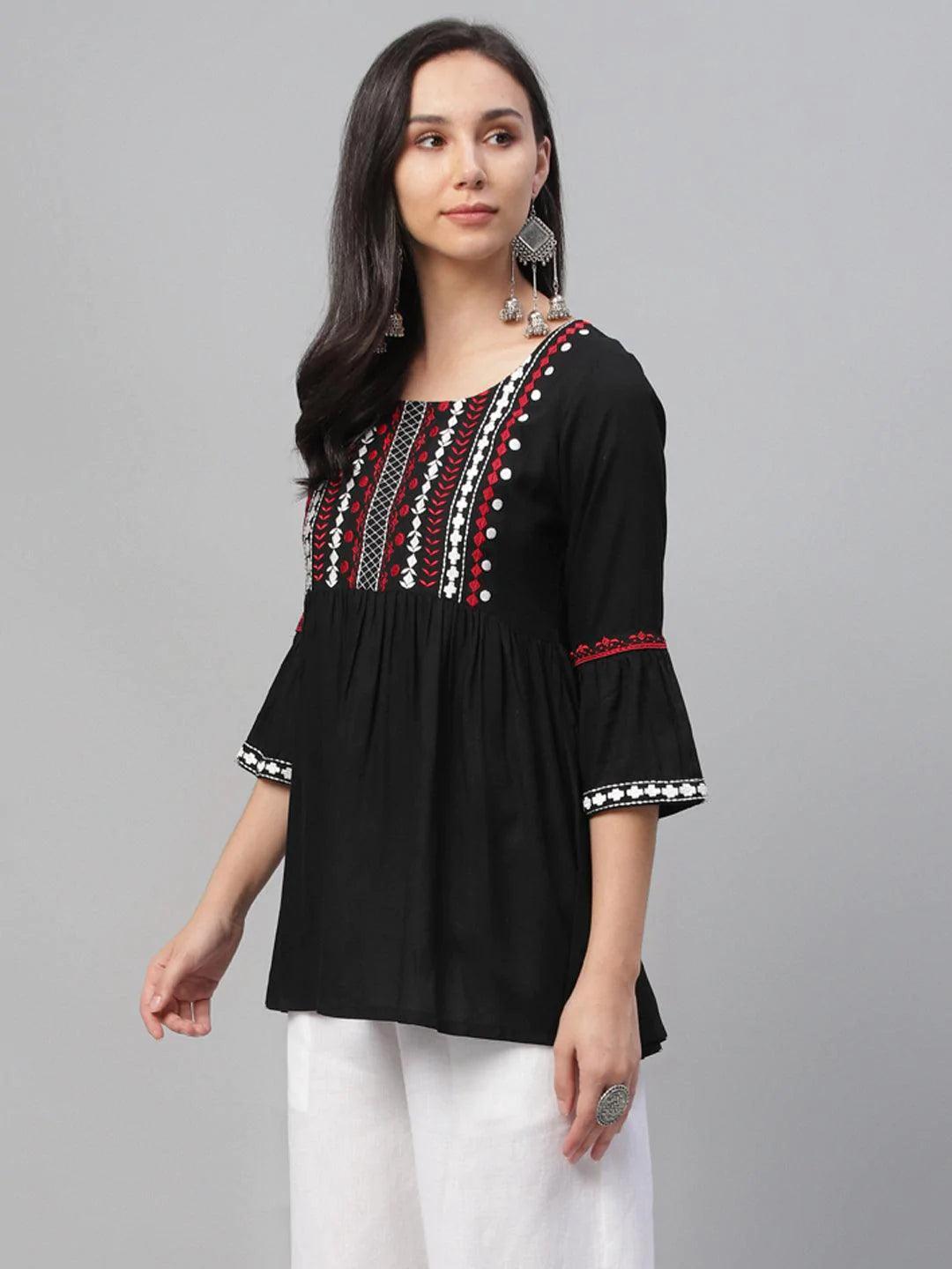 Black Embroidered Rayon Kurti