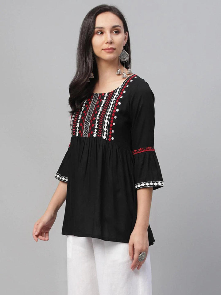 Black Embroidered Rayon Kurti - ShopLibas