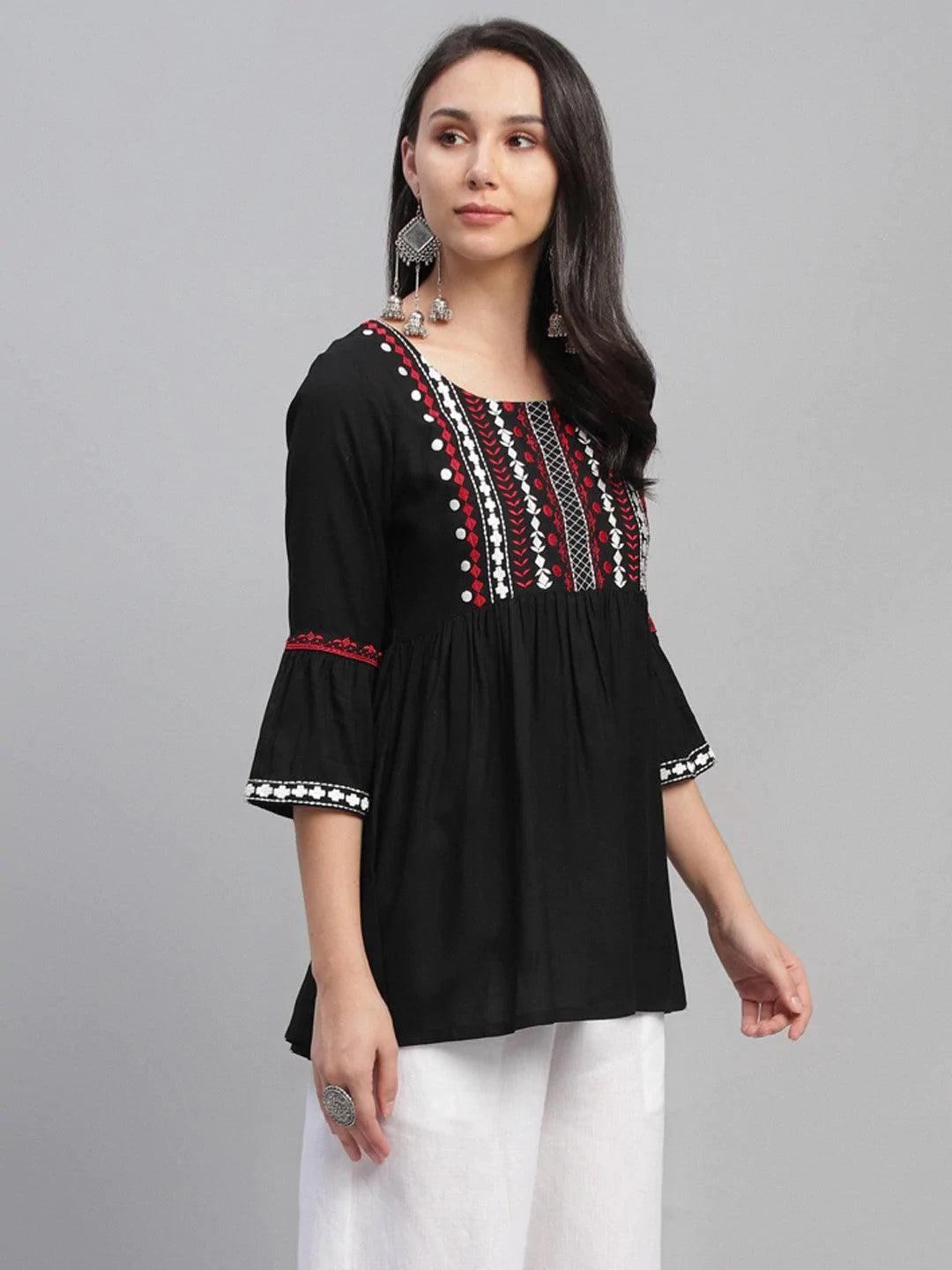 Black Embroidered Rayon Kurti