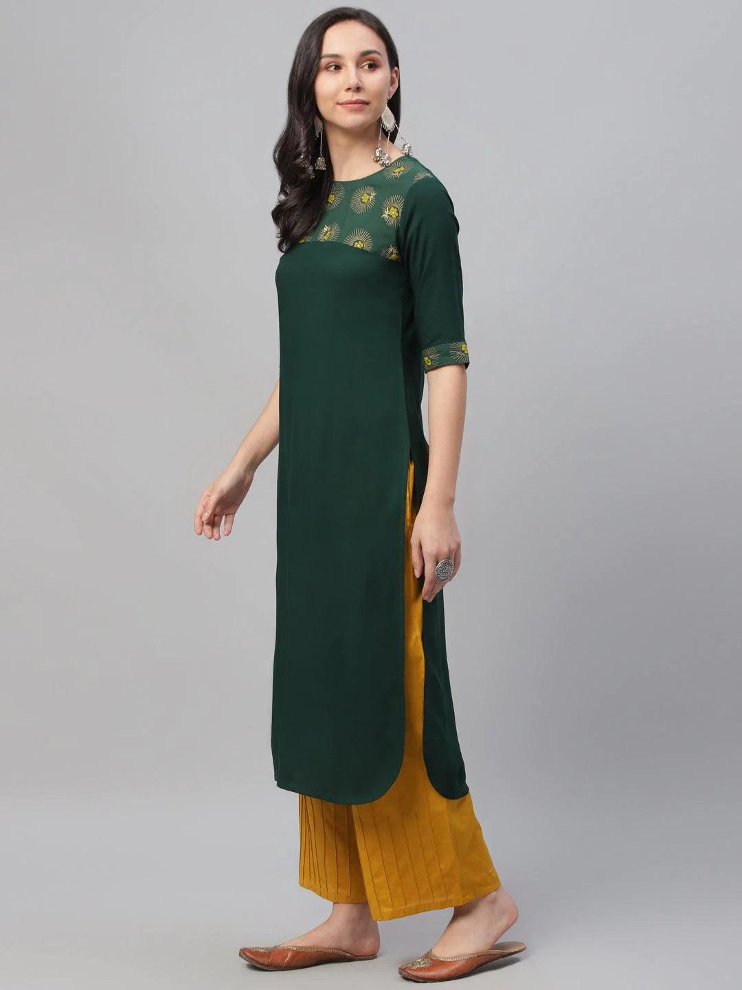 Green Printed Rayon Kurta