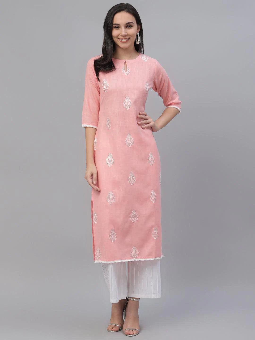 Pink Embroidered Cotton Kurta