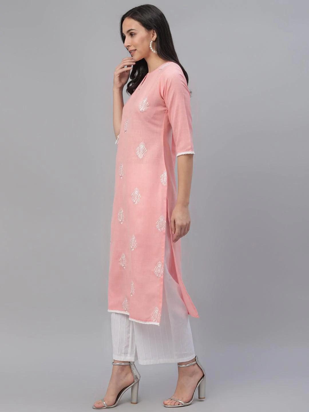 Pink Embroidered Cotton Kurta