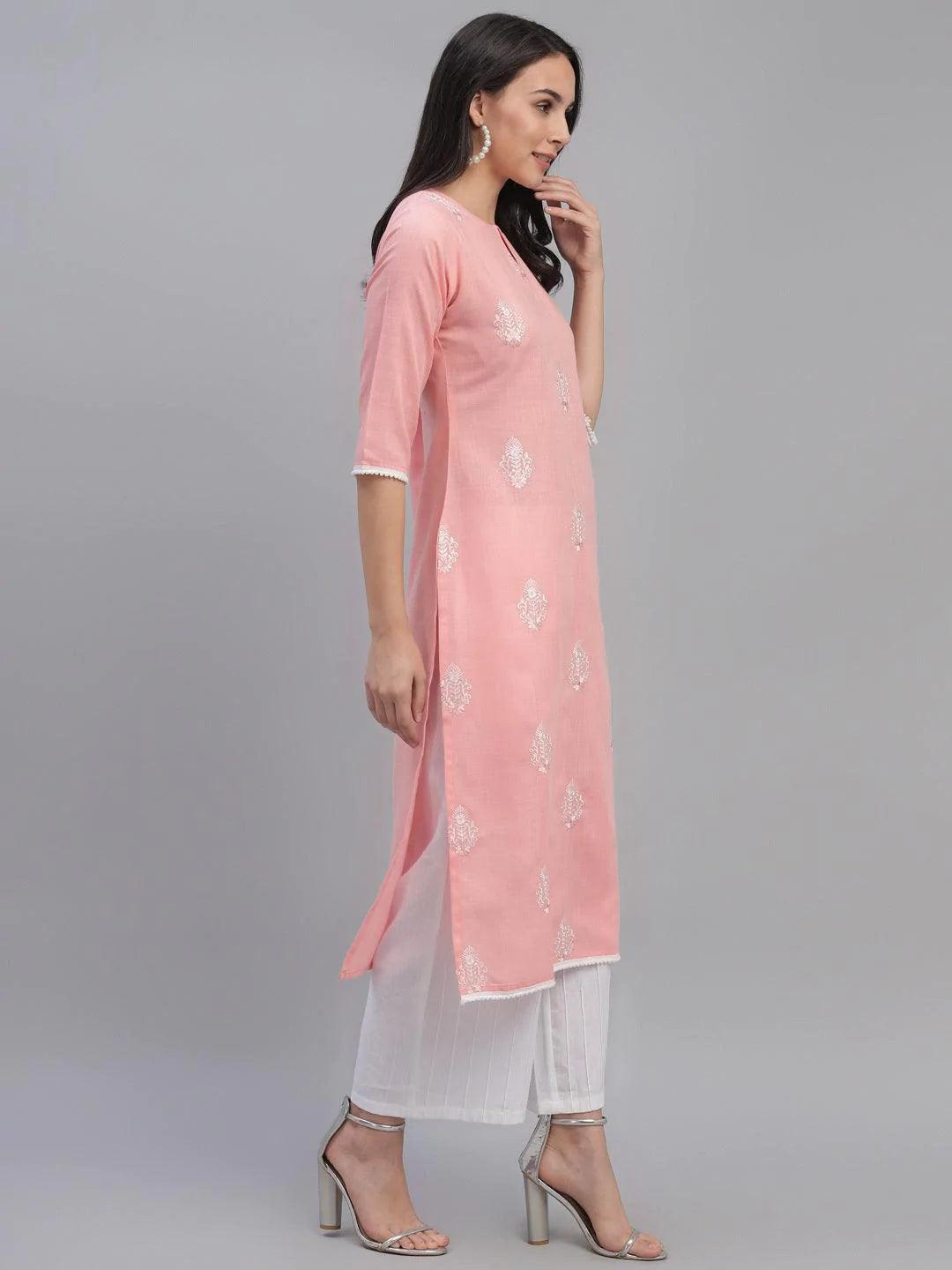 Pink Embroidered Cotton Kurta