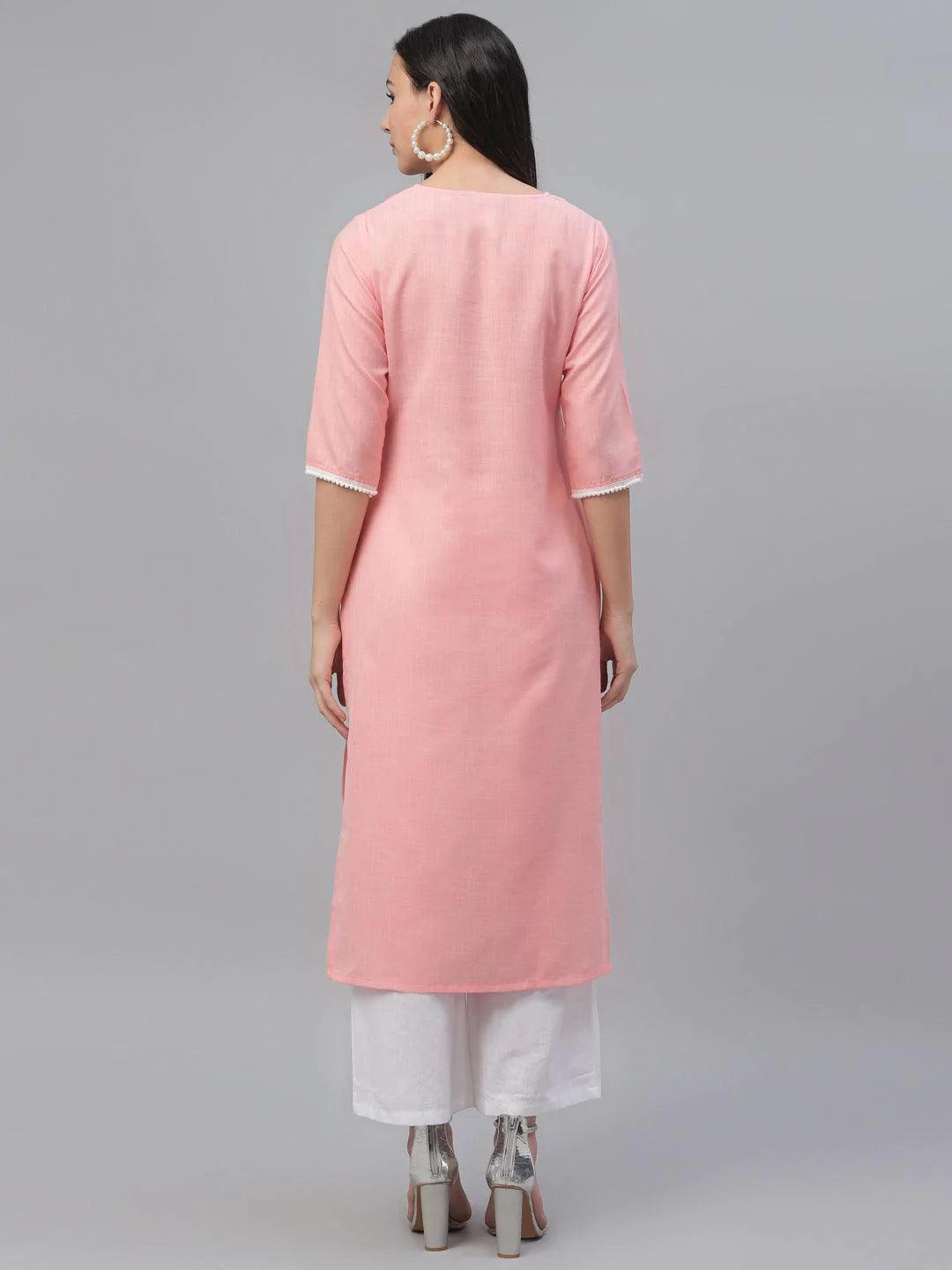 Pink Embroidered Cotton Kurta