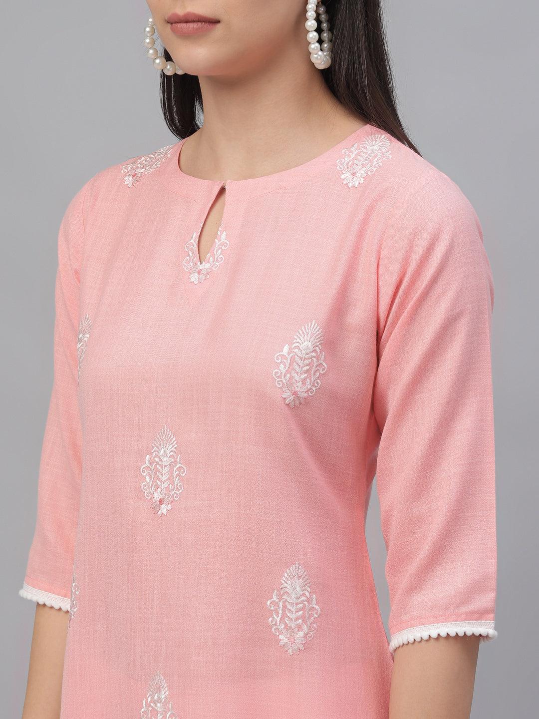 Pink Embroidered Cotton Kurta