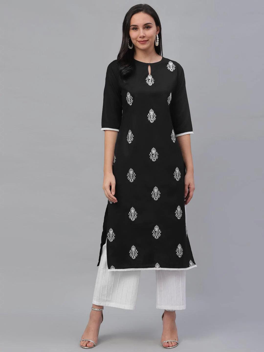 Black Embroidered Cotton Kurta