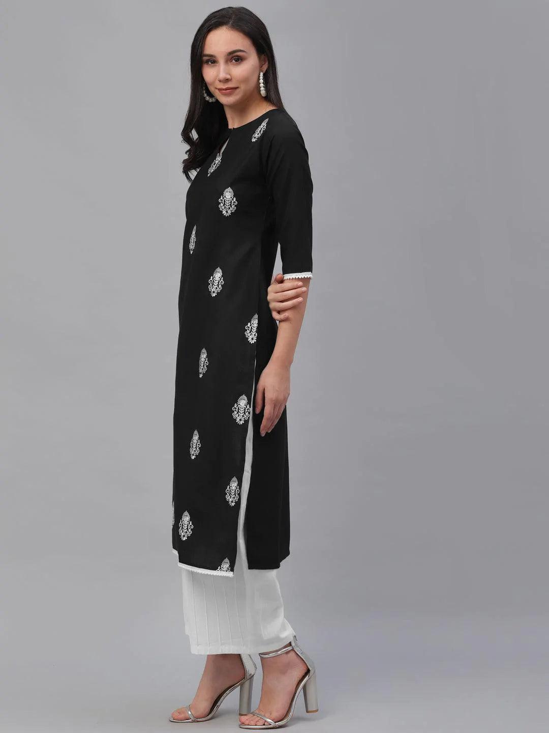 Black Embroidered Cotton Kurta