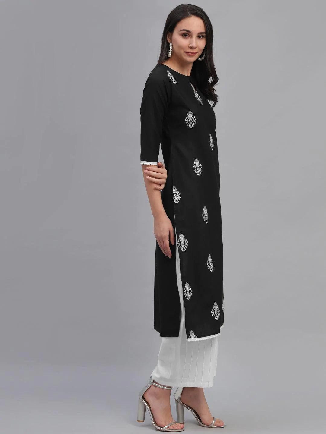 Black Embroidered Cotton Kurta