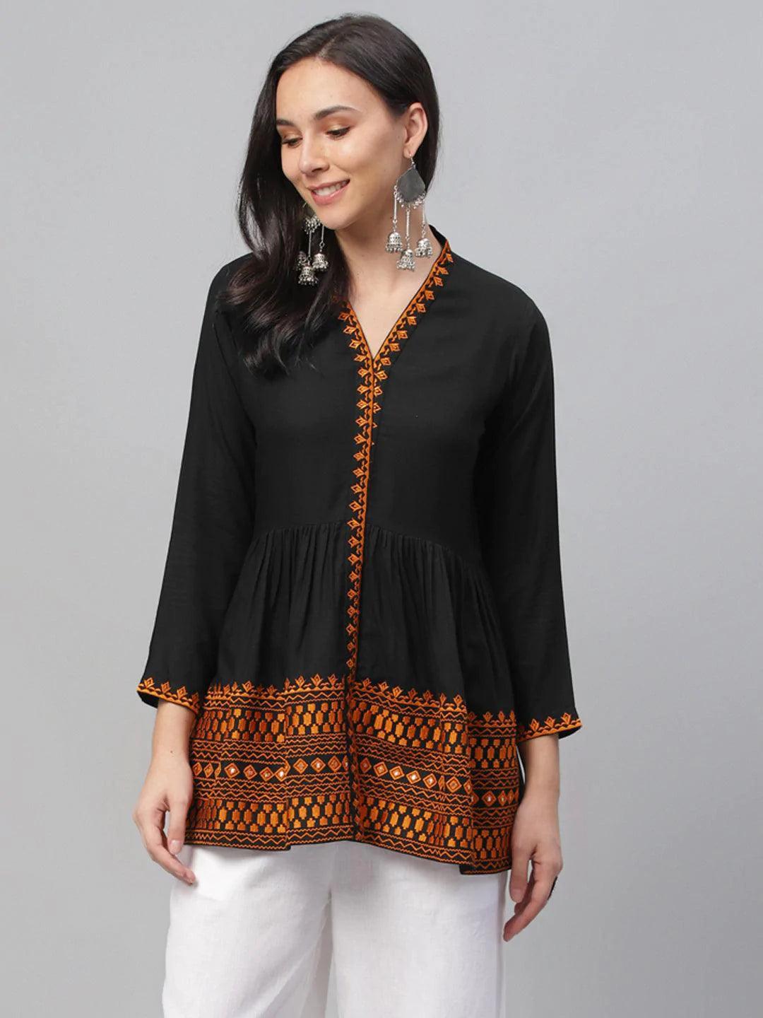 Black Embroidered Rayon Kurti