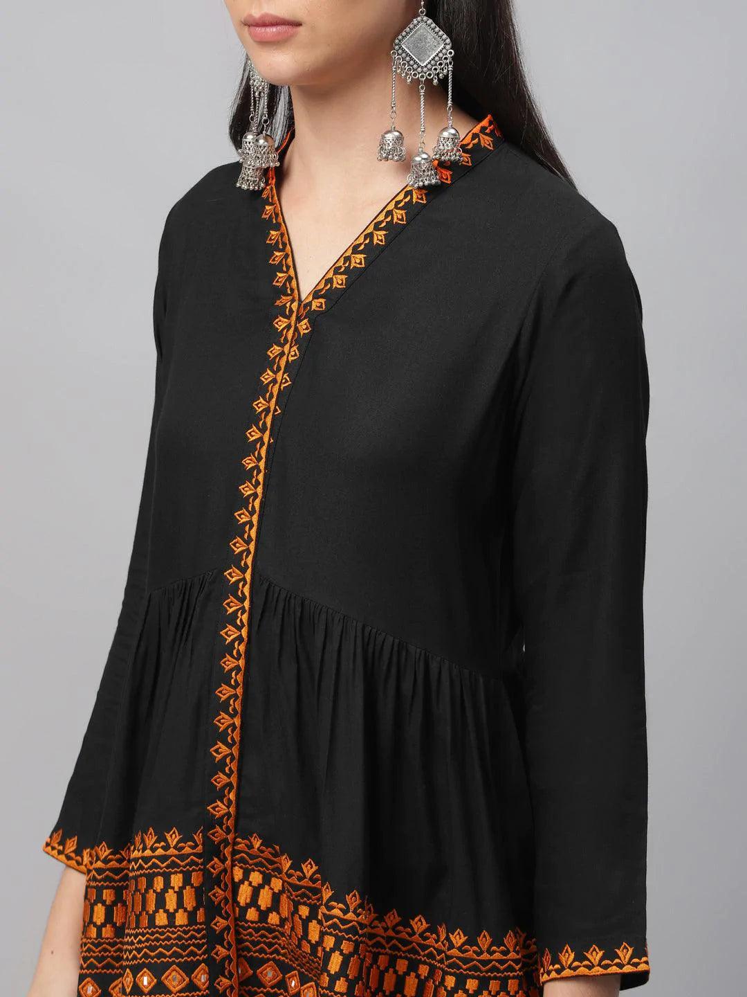 Black Embroidered Rayon Kurti