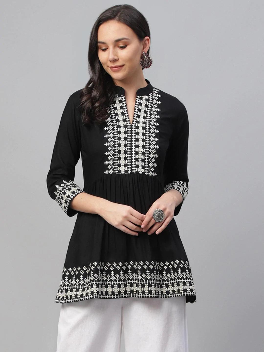 Black Embroidered Rayon Kurti