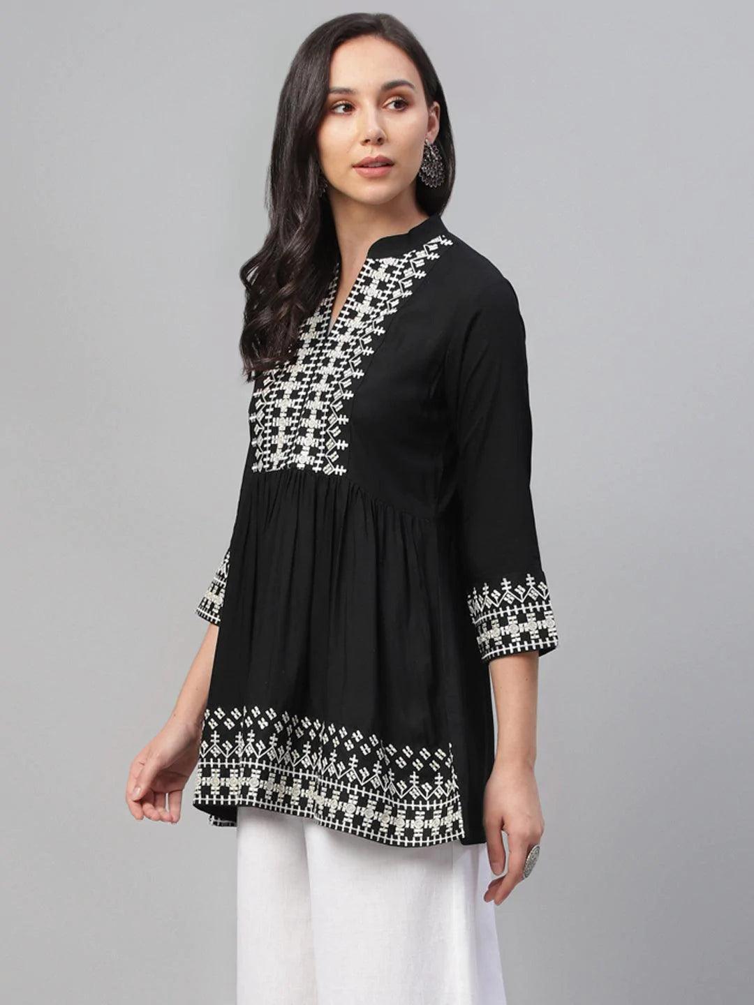 Black Embroidered Rayon Kurti