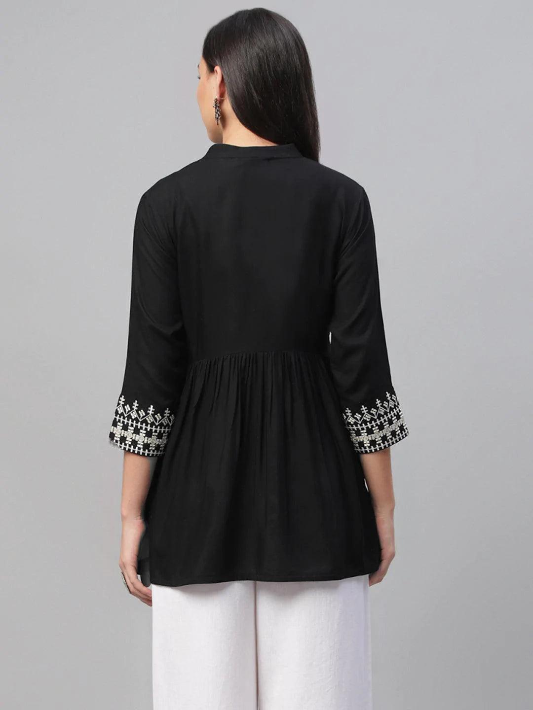 Black Embroidered Rayon Kurti