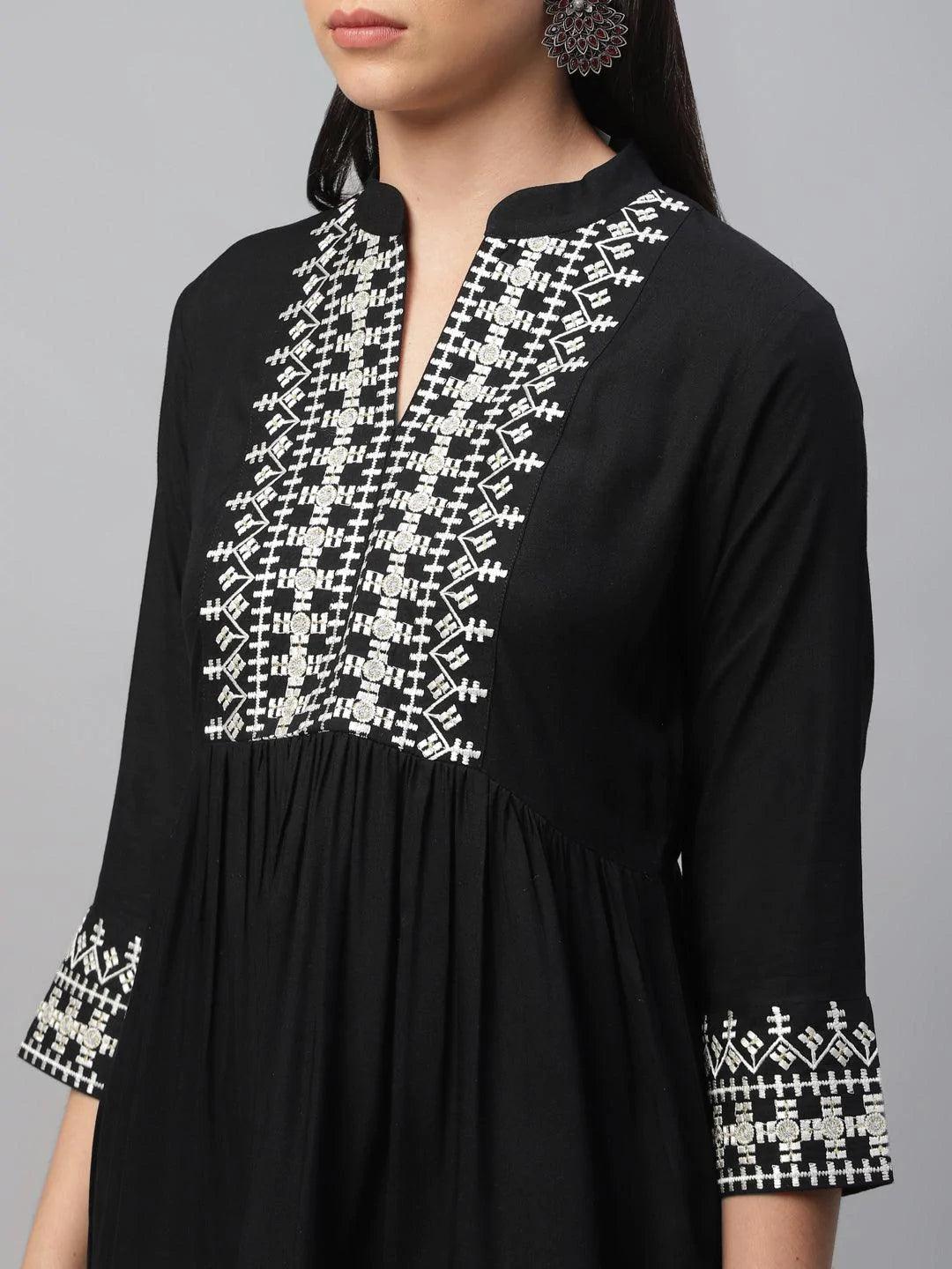 Black Embroidered Rayon Kurti