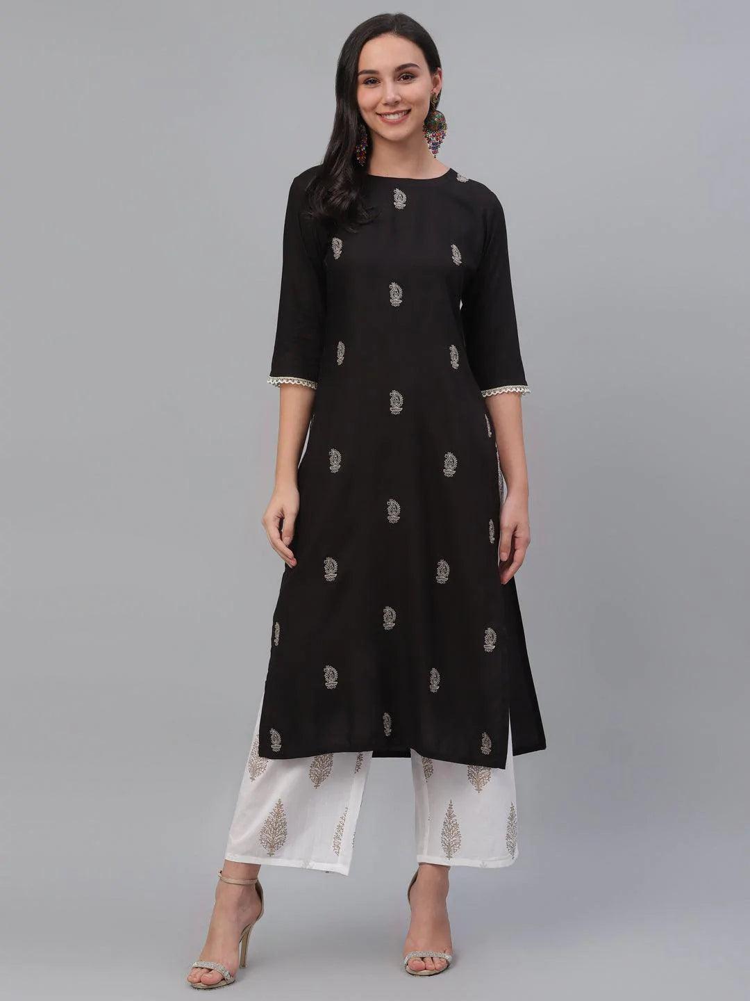 Black Embroidered Rayon Kurta