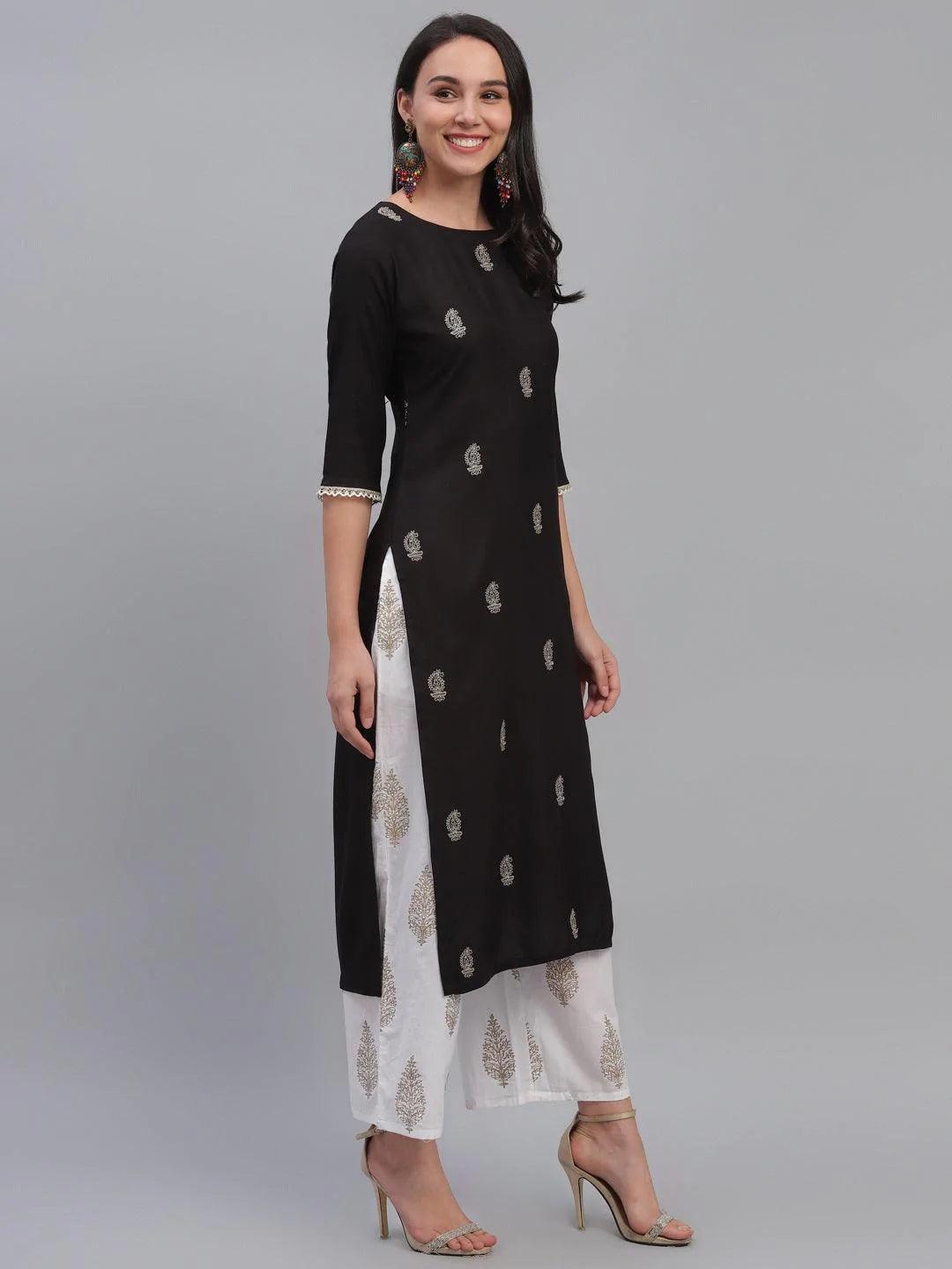 Black Embroidered Rayon Kurta