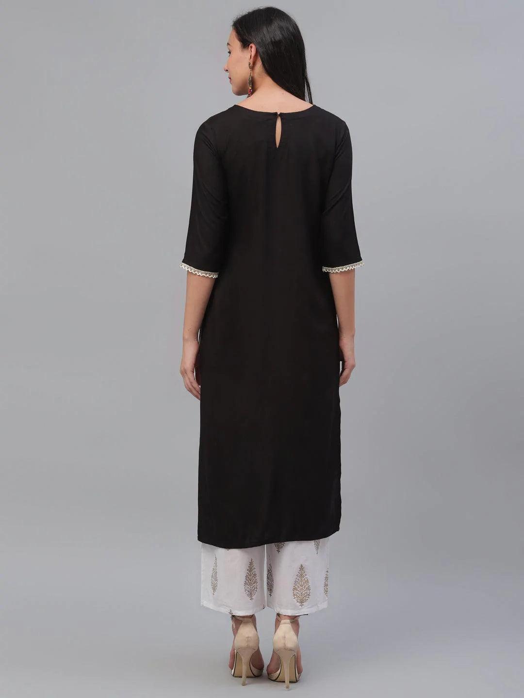 Black Embroidered Rayon Kurta