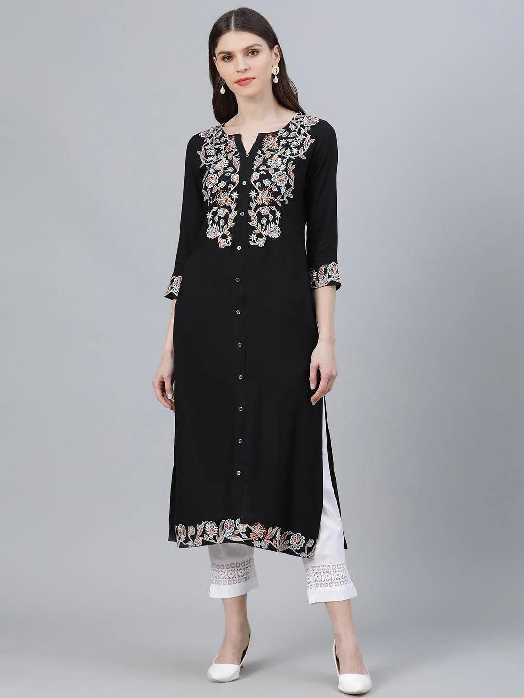 Black Embroidered Rayon Kurta