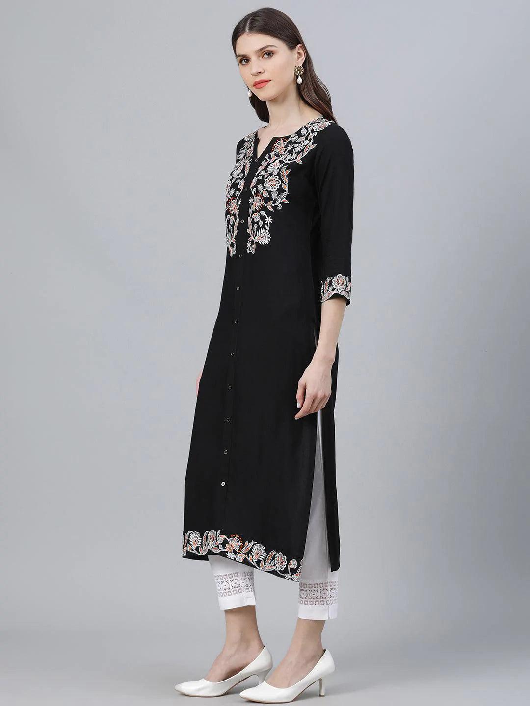 Black Embroidered Rayon Kurta