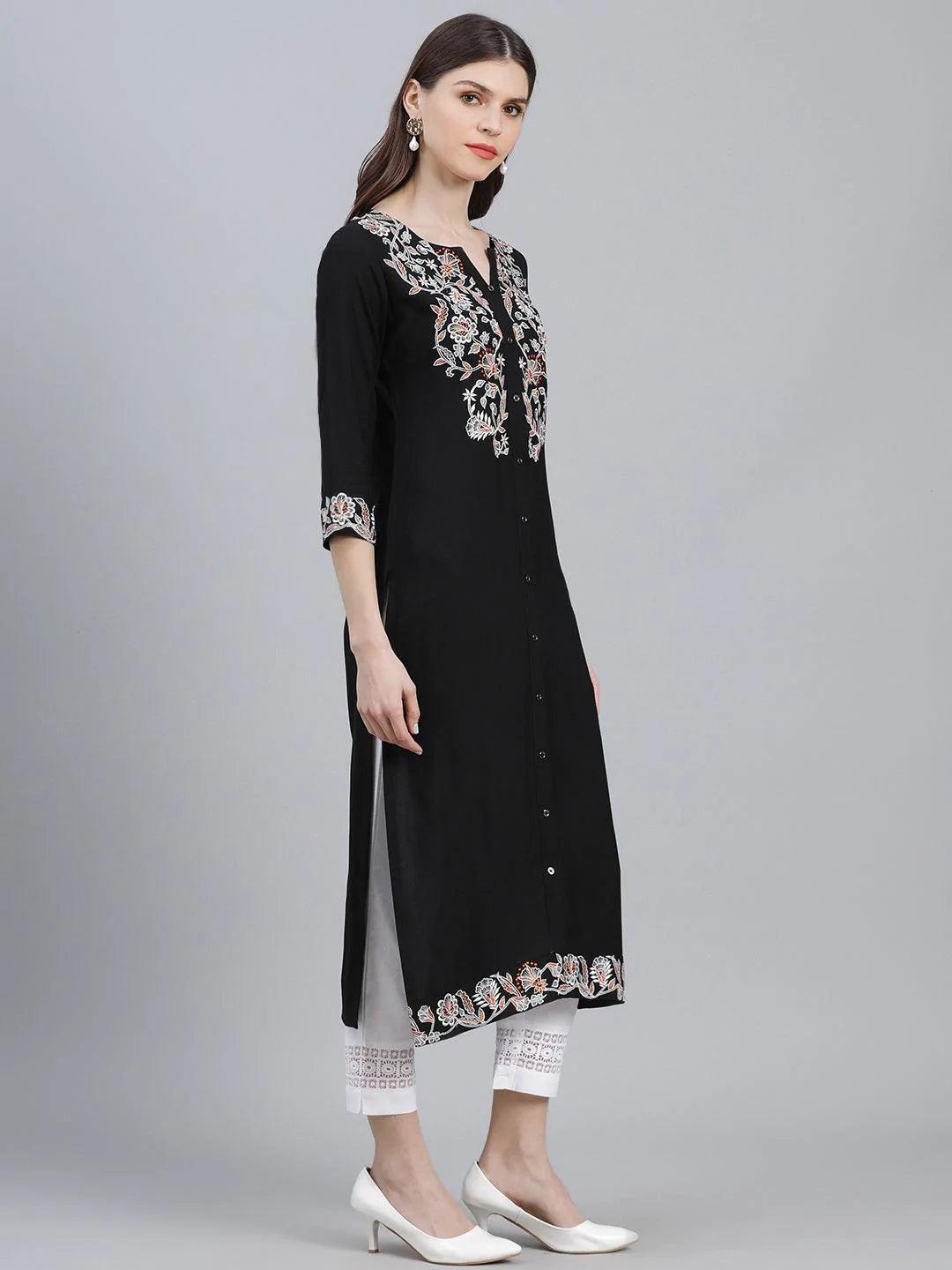 Black Embroidered Rayon Kurta