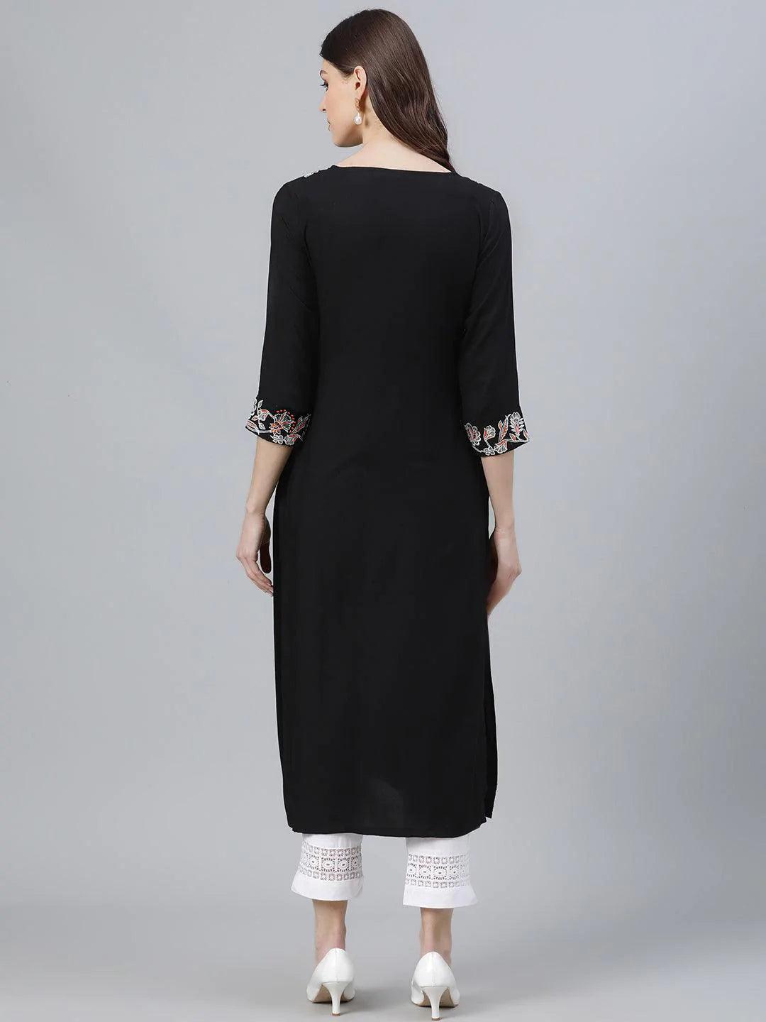 Black Embroidered Rayon Kurta