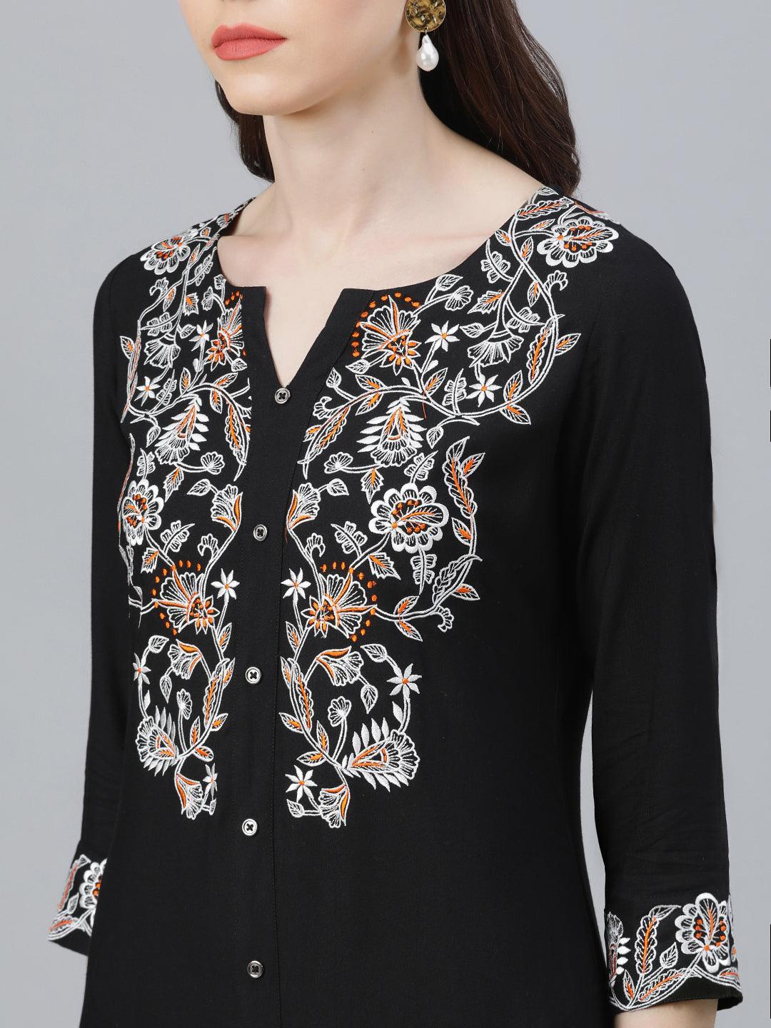 Black Embroidered Rayon Kurta