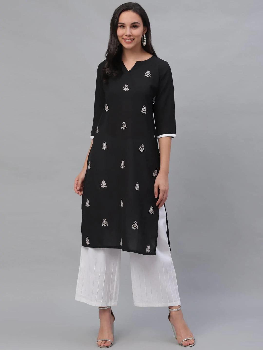 Black Embroidered Rayon Kurta