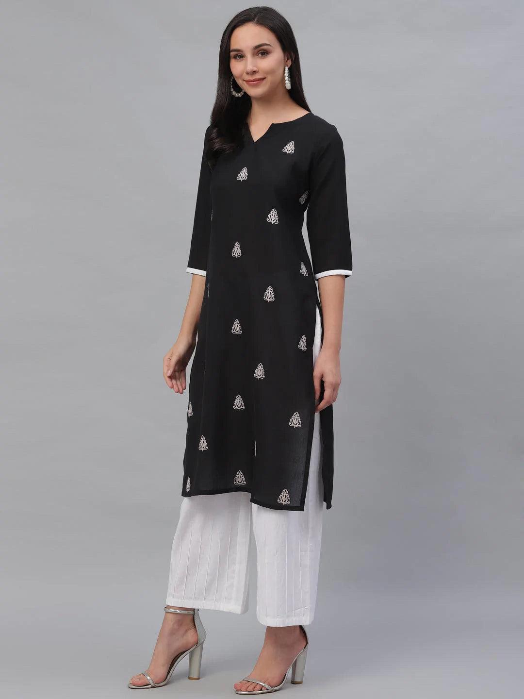 Black Embroidered Rayon Kurta