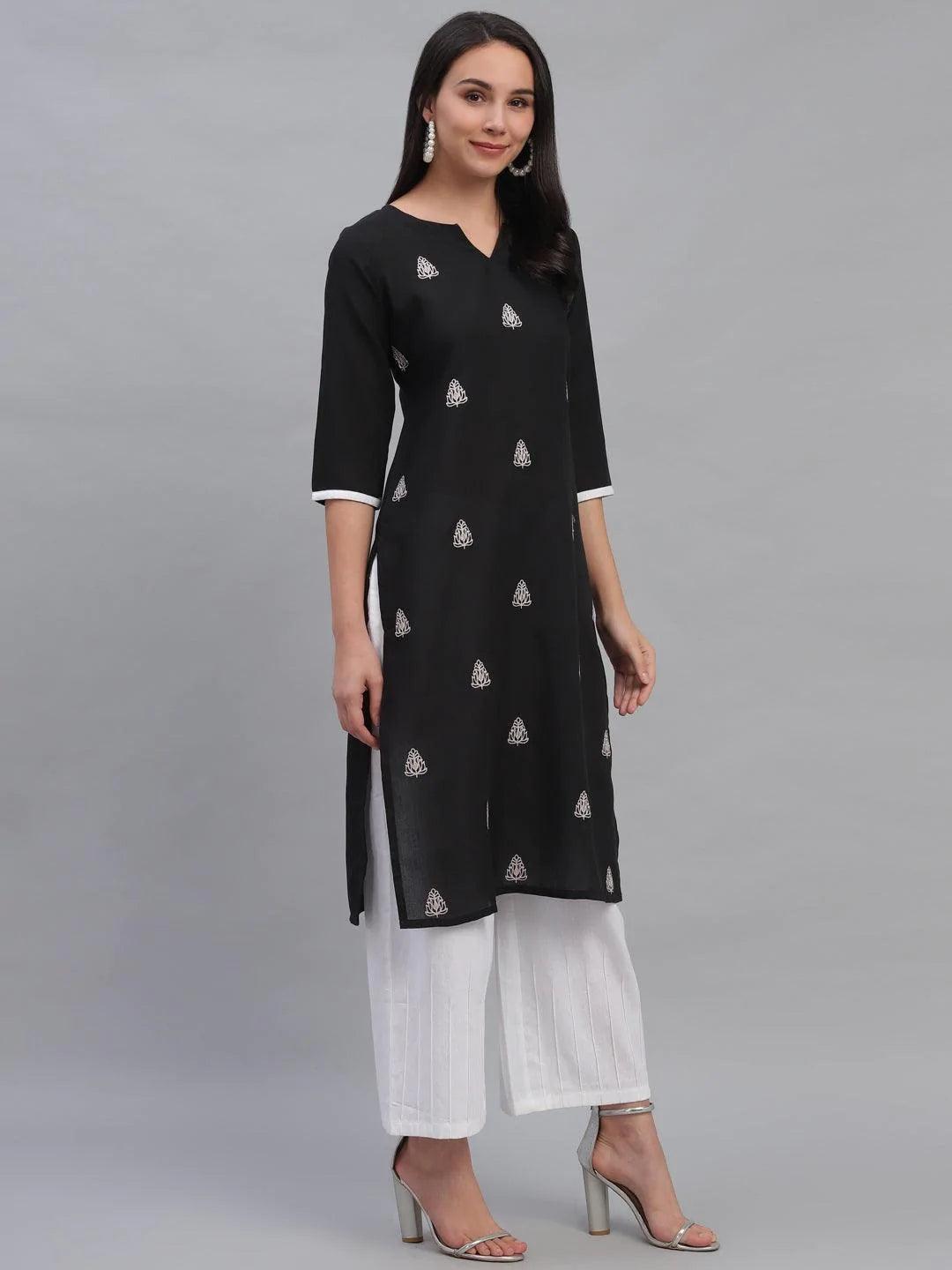 Black Embroidered Rayon Kurta