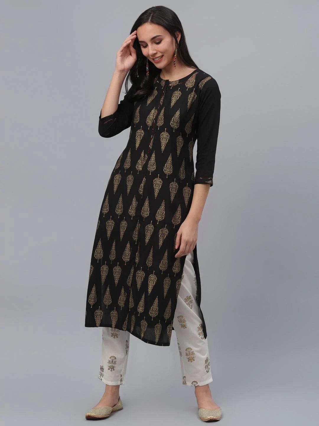 Black Printed Rayon Kurta