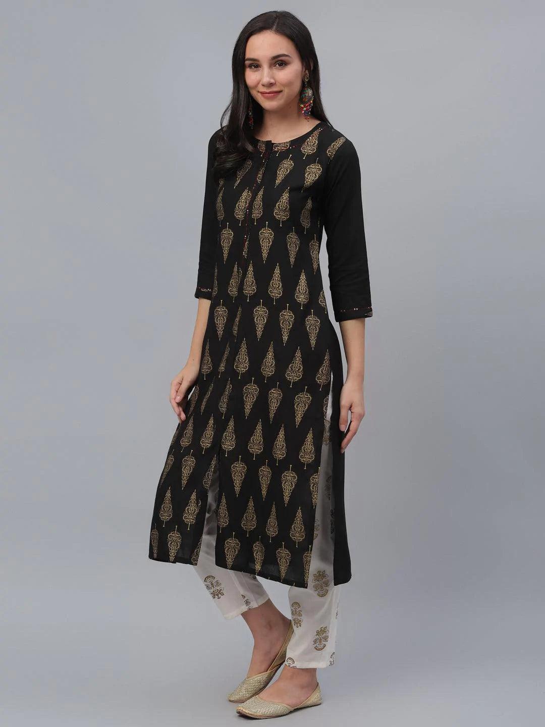 Black Printed Rayon Kurta