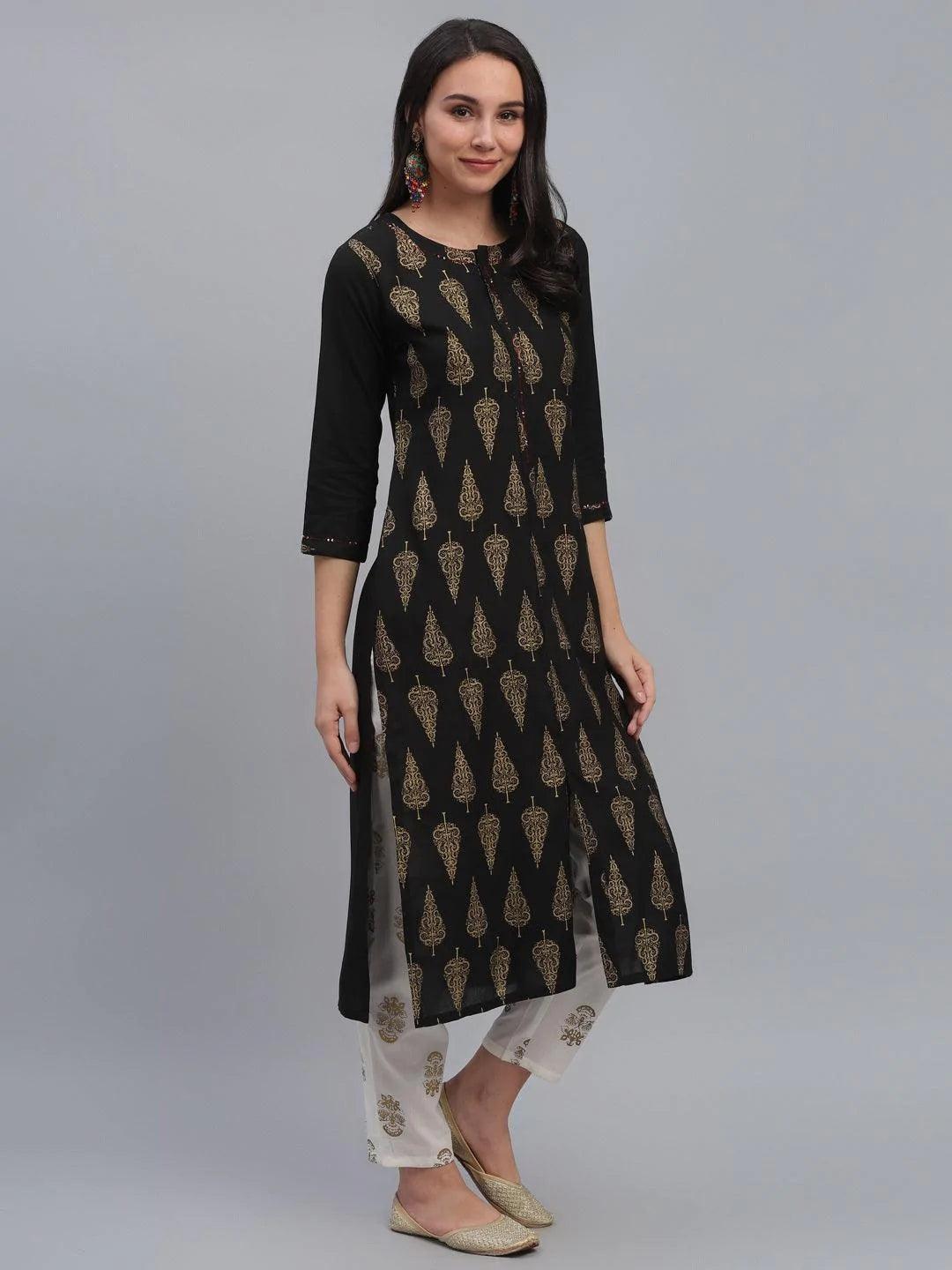 Black Printed Rayon Kurta