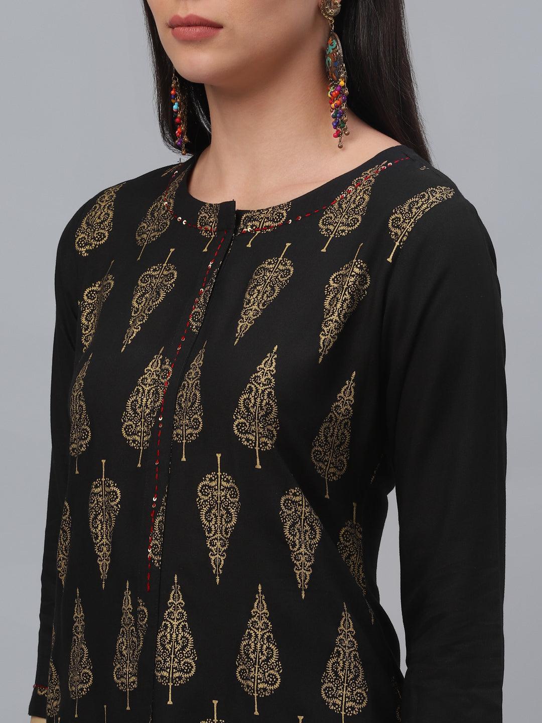 Black Printed Rayon Kurta