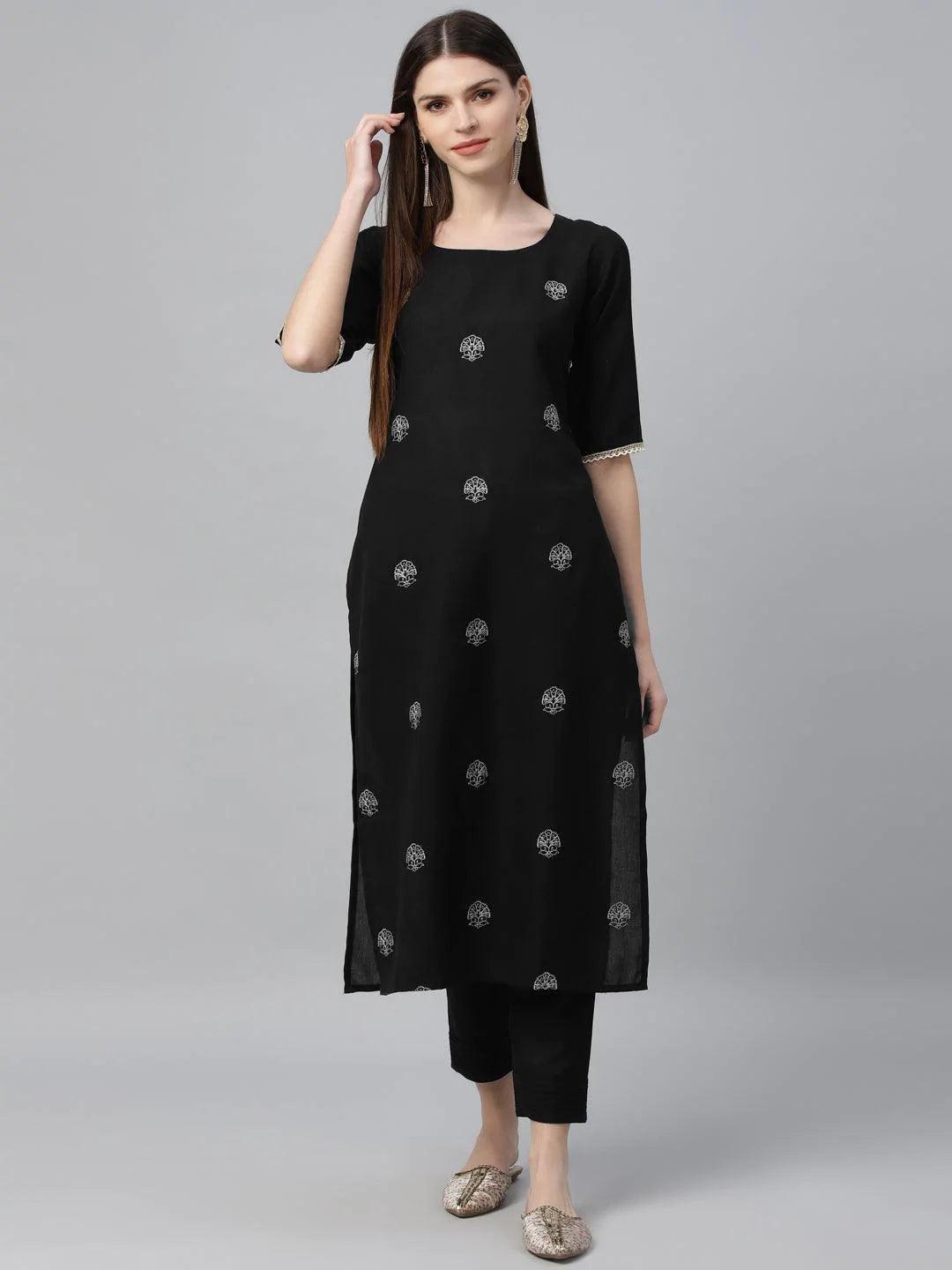 Black Embroidered Rayon Kurta