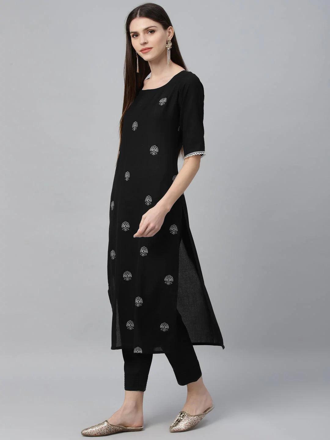 Black Embroidered Rayon Kurta