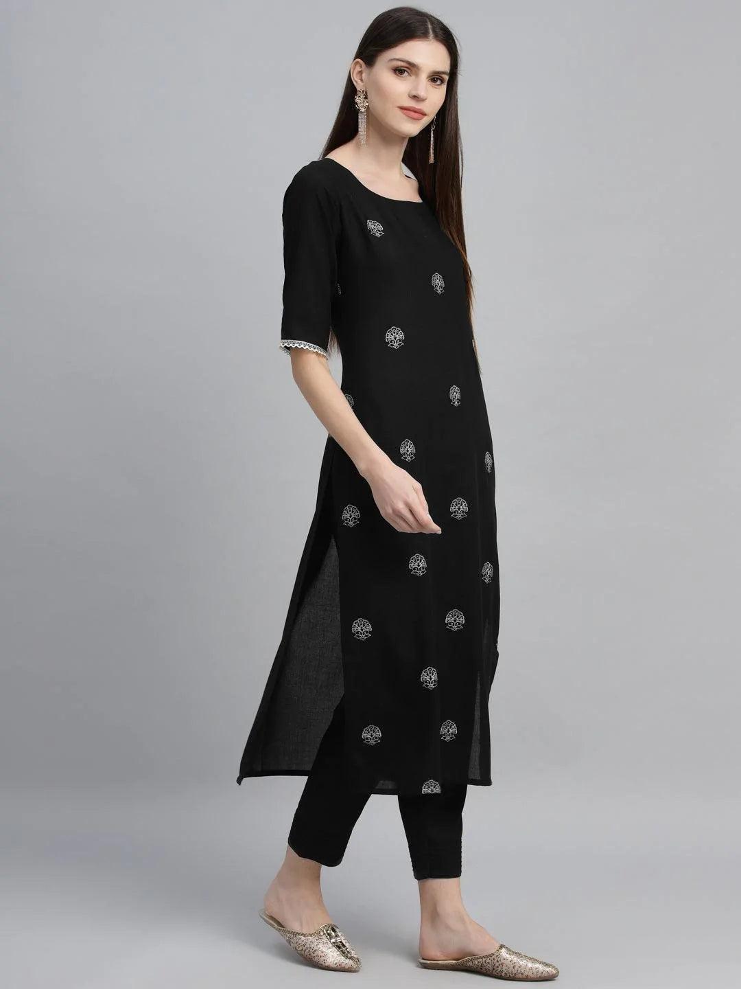 Black Embroidered Rayon Kurta