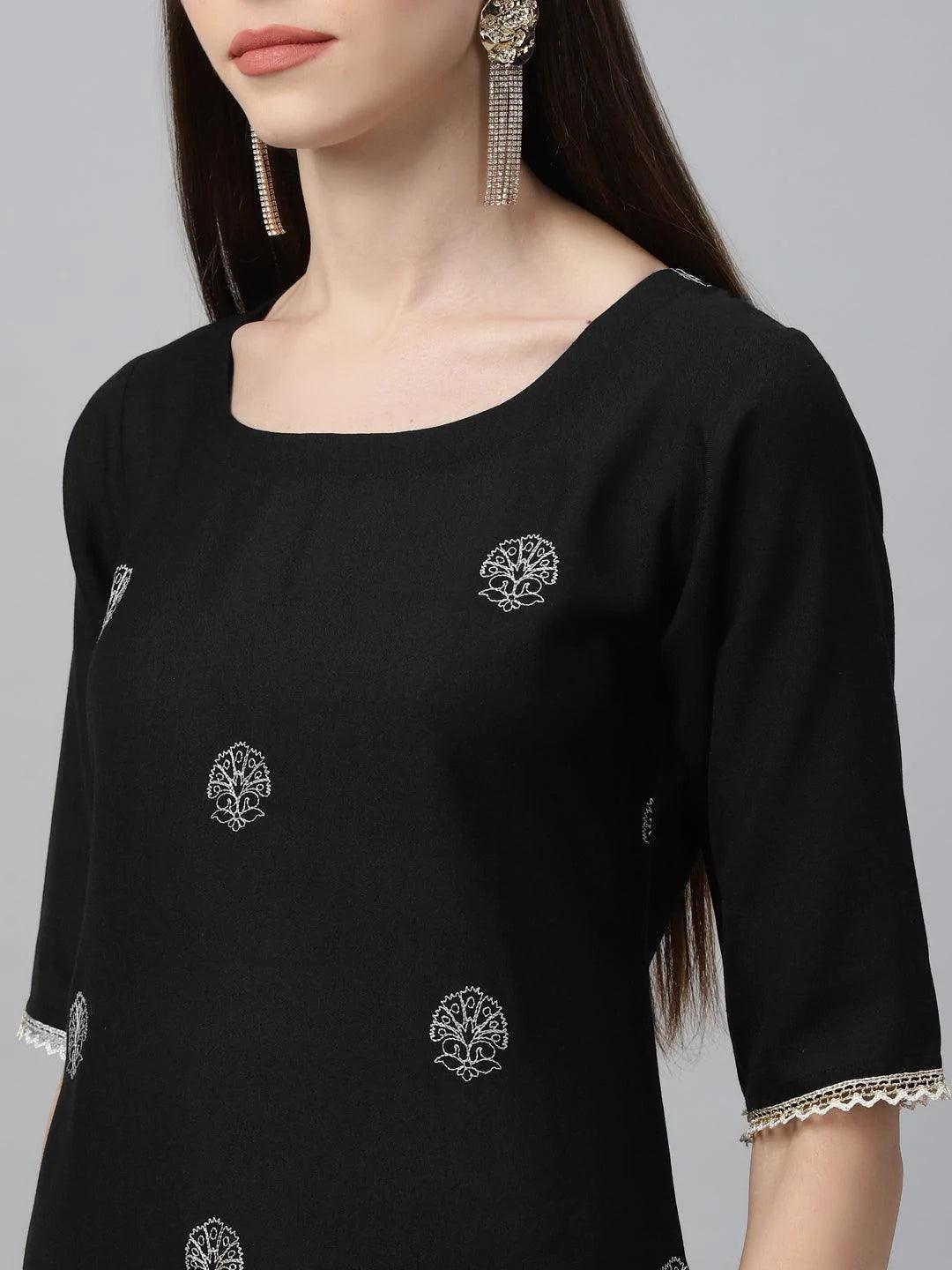 Black Embroidered Rayon Kurta