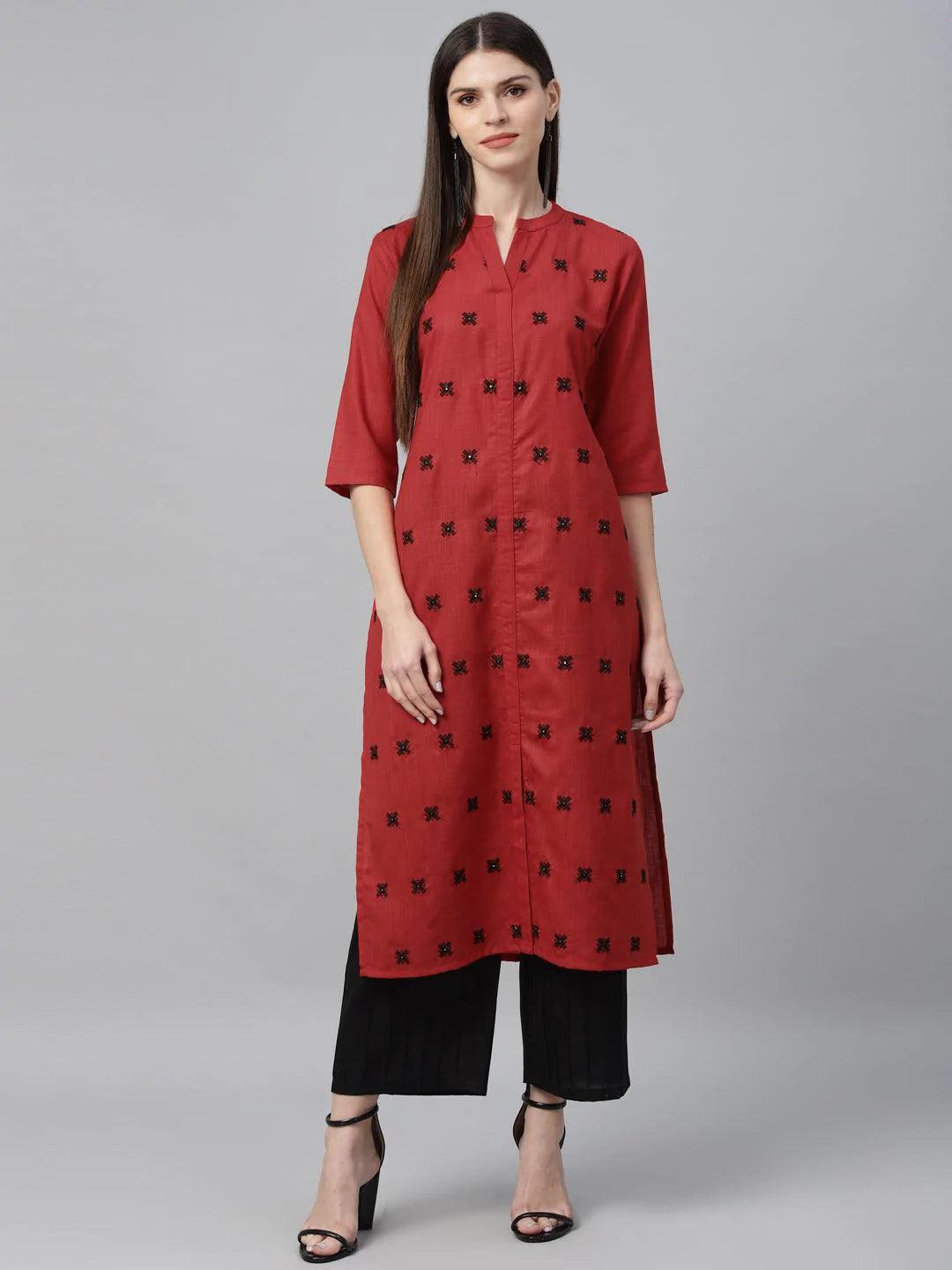 Red Embroidered Cotton Kurta - ShopLibas