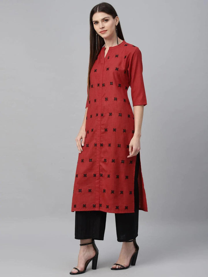 Red Embroidered Cotton Kurta - ShopLibas