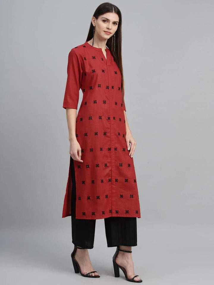 Red Embroidered Cotton Kurta - ShopLibas