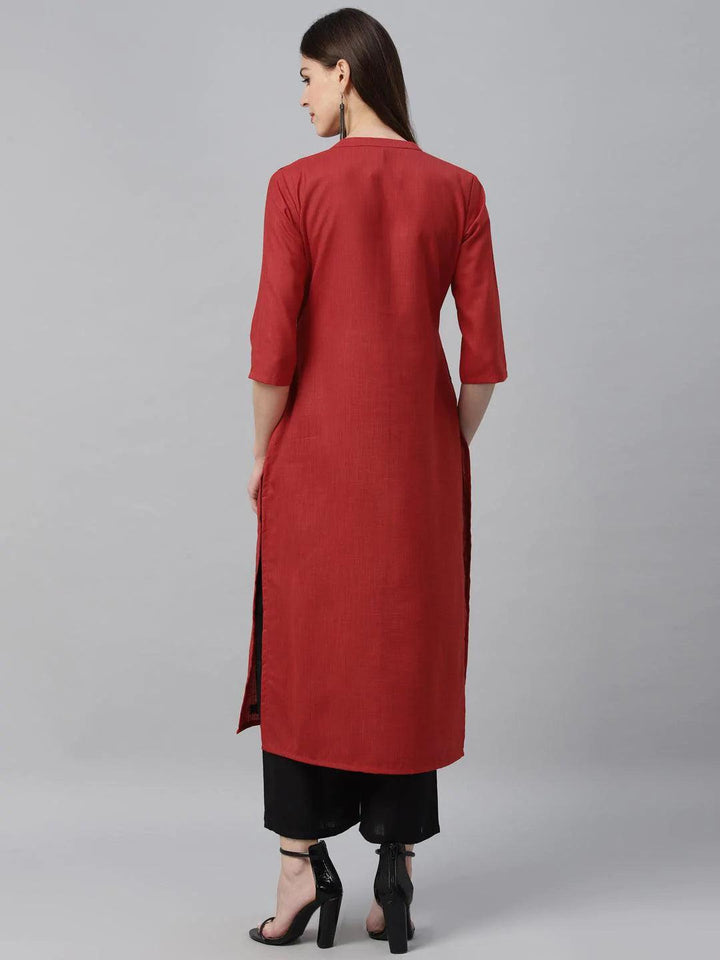 Red Embroidered Cotton Kurta - ShopLibas