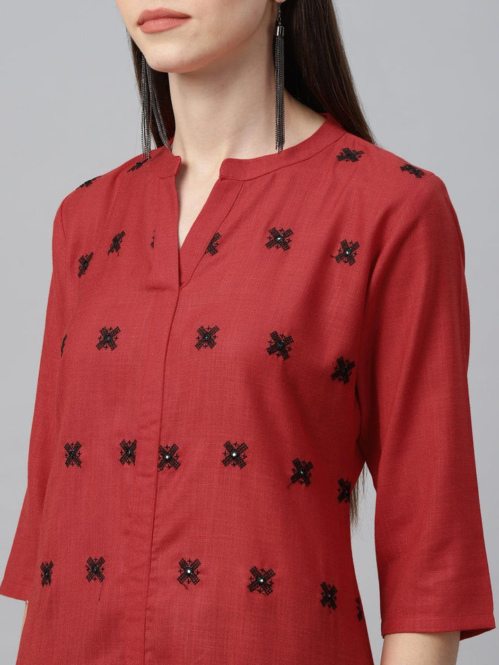 Red Embroidered Cotton Kurta - ShopLibas