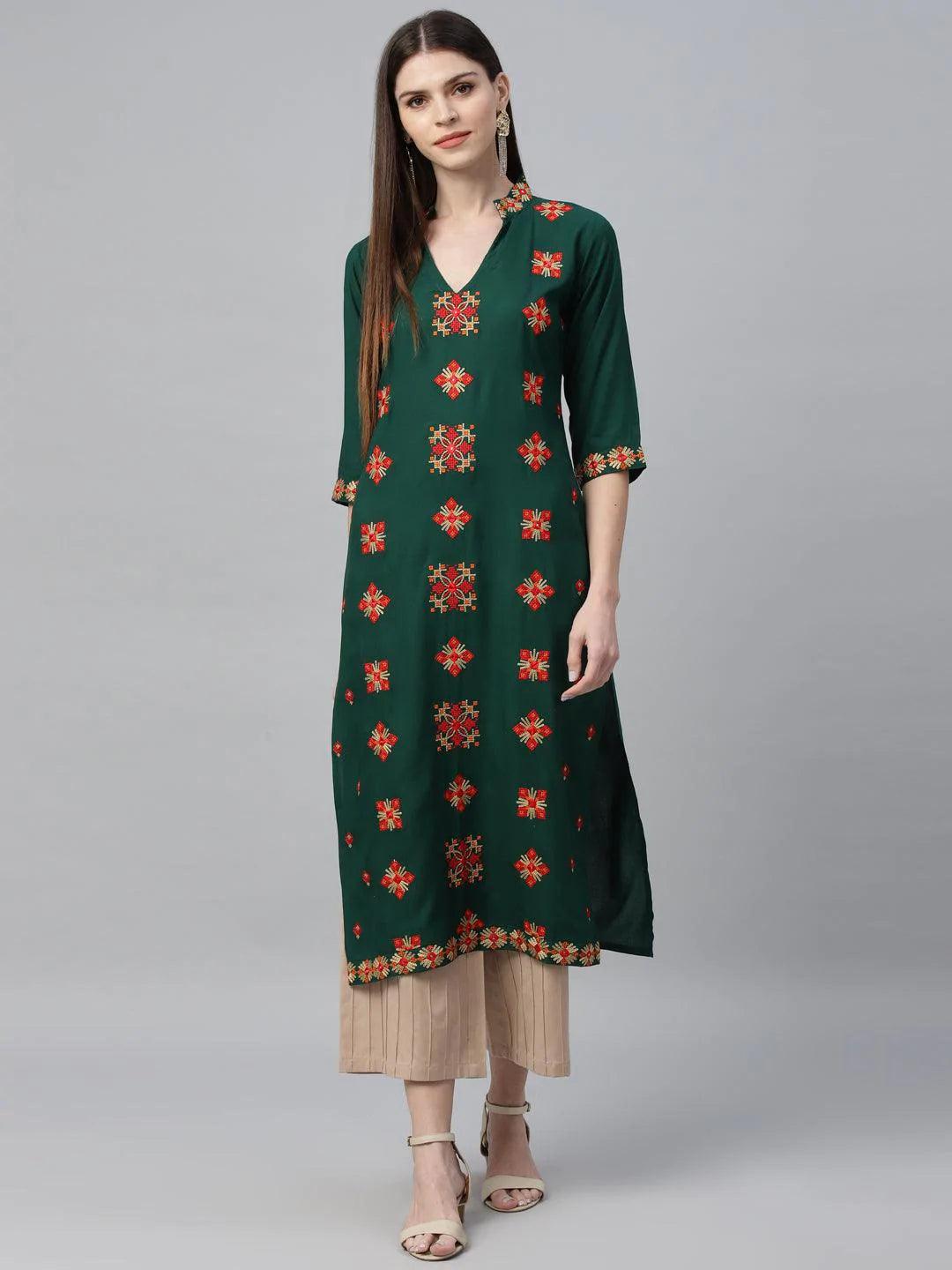 Green Embroidered Rayon Kurta