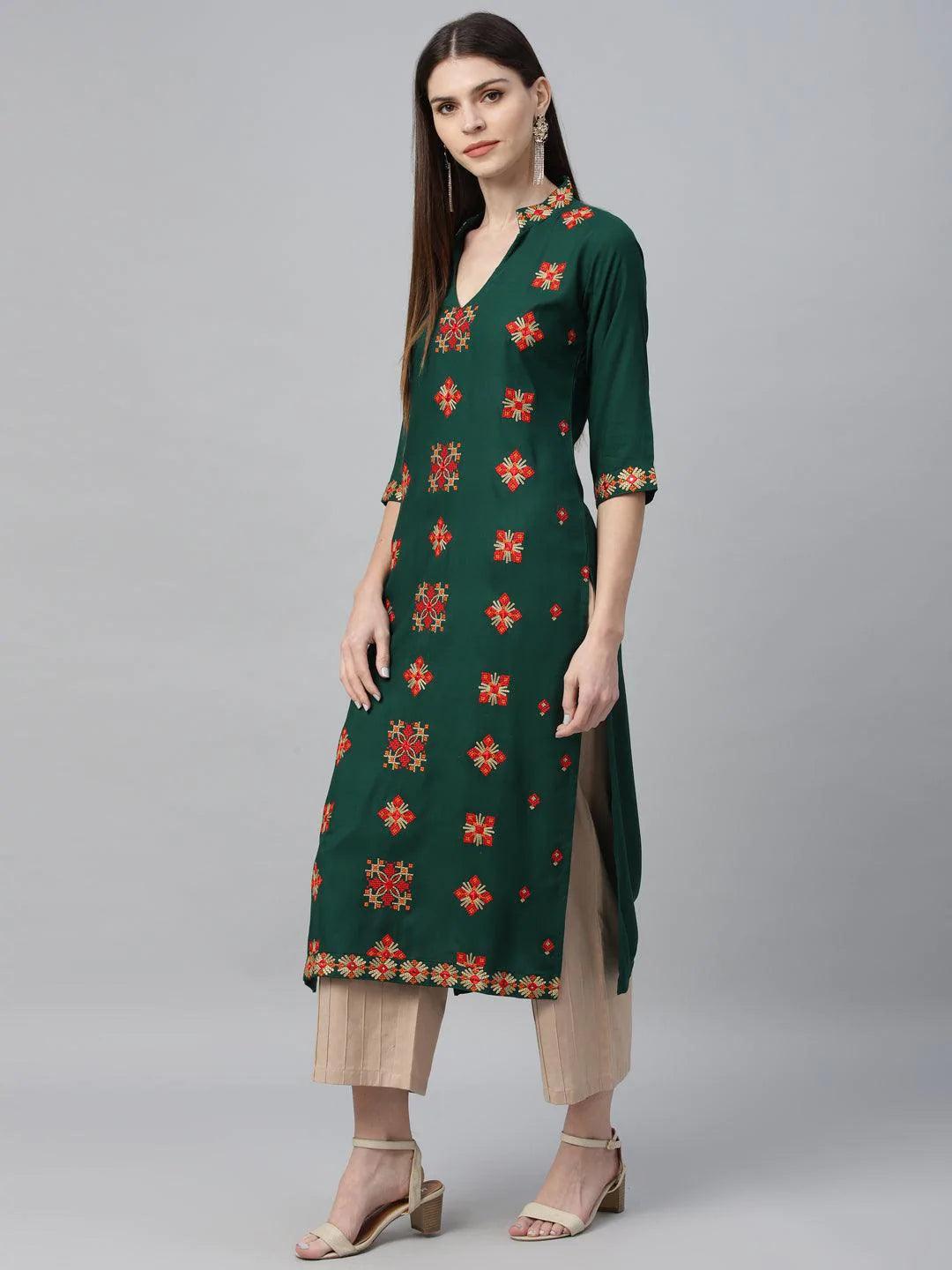 Green Embroidered Rayon Kurta